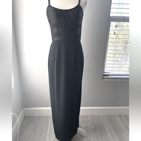 OLEG CASSINI BLACK TIE Silk & Beaded Formal Evening Gown Vintage 90’s Gown Black - Picture 3 of 15